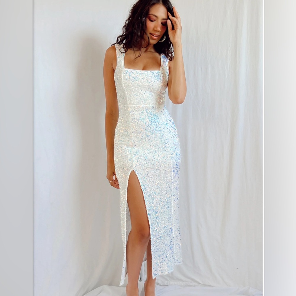 Show Me Your MuMu White Iridescent Sequin Midi Dress